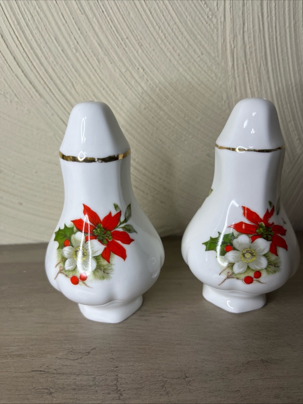 White Porcelain Salt and Pepper Shakers with Red Poinsettia